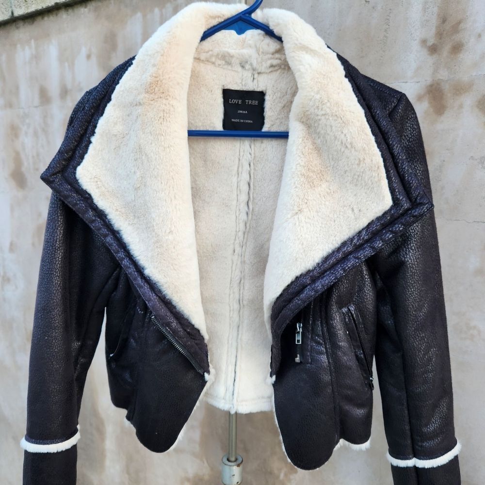 Love tree faux fur sherpa lined faux leather moto jacket
